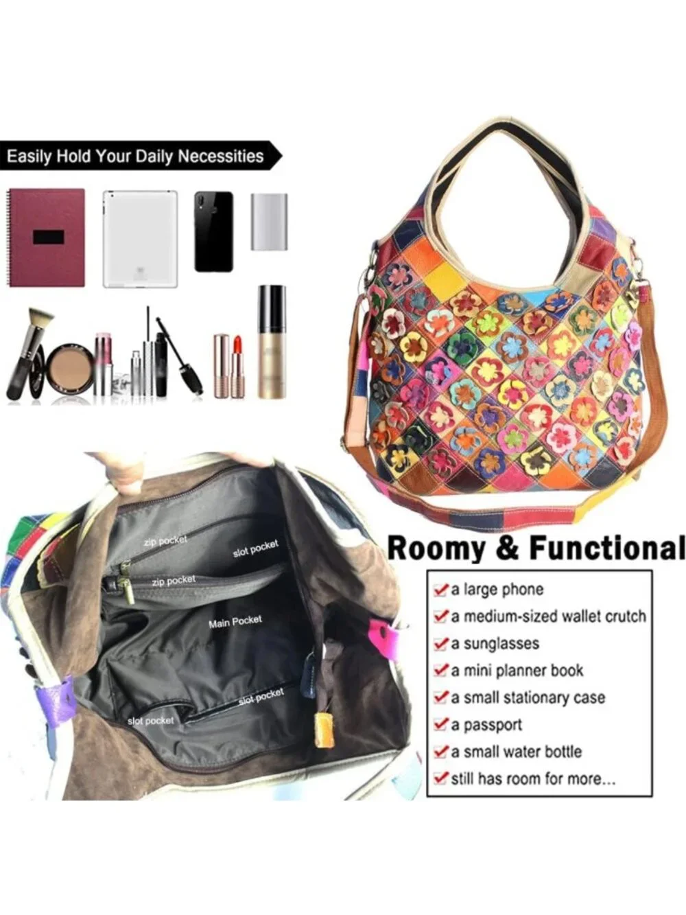 Stylish Genuine Leather Floral Hobo Tote Bag | Versatile Shoulder & Crossbody